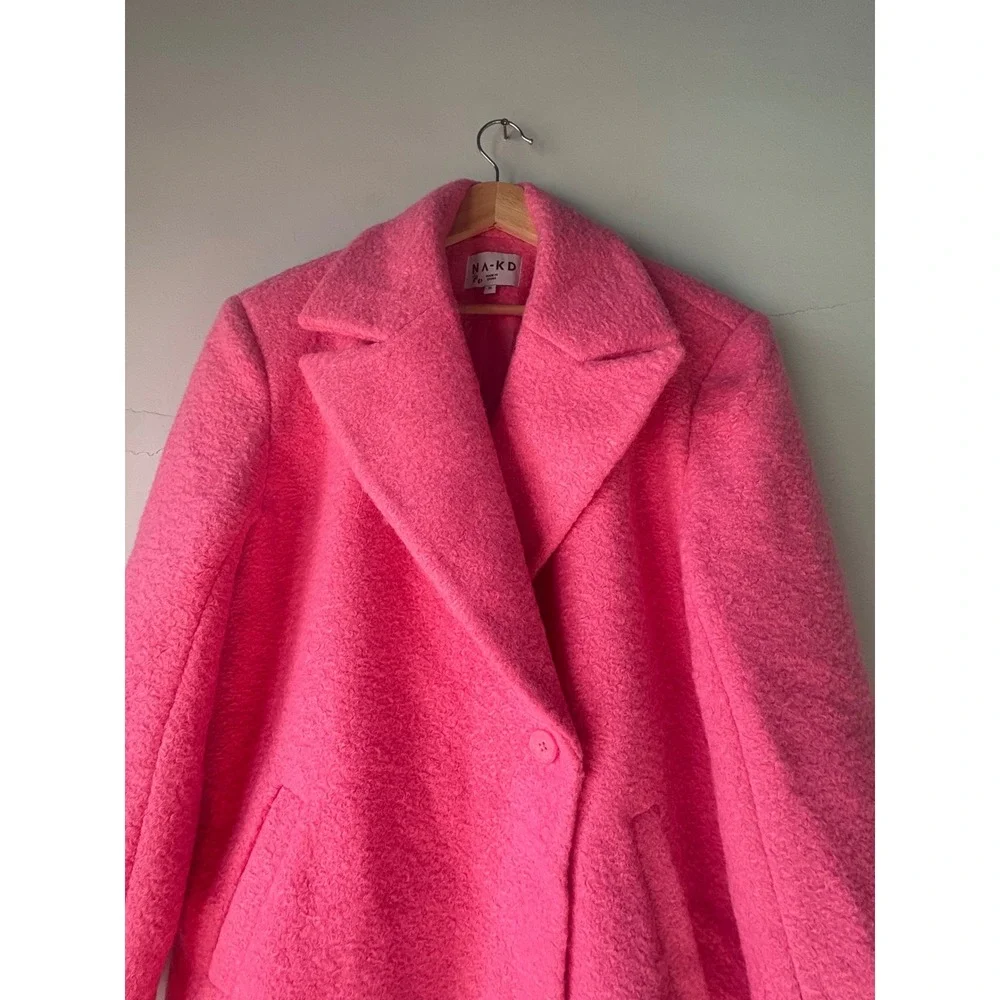 NA-KD Longline Boucle Wool Blend Coat Hot Pink Oversized Single Button Size 36 - Picture 7 of 9